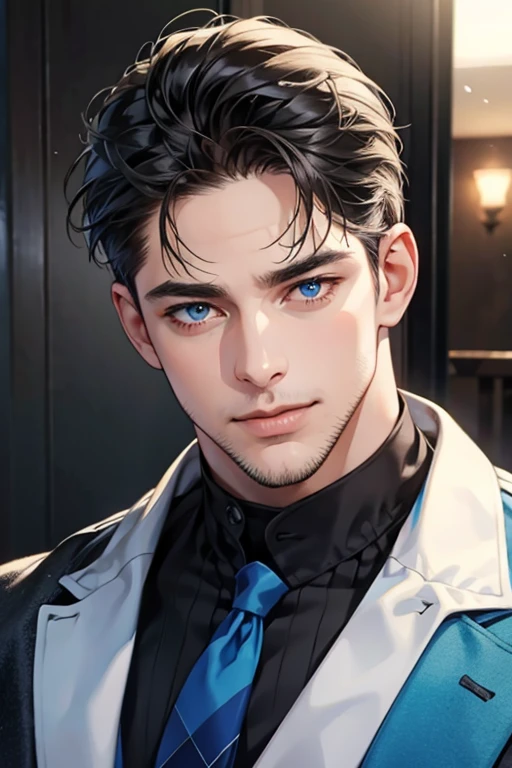 a handsome 35 year old man, 3 day beard, dark hair, sharp jawline, (mesmerizing blue eyes), perfectly styled hair, wearing cool anime outfitt, dynamic lighting, (CEO), (expression, smile in love), (best quality,4k,8k,highres,masterpiece:1.2),ultra-detailed,(realistic,photorealistic,photo-realistic:1.37)