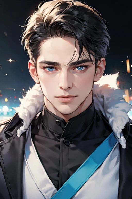 a handsome 35 year old man, 3 day beard, dark hair, sharp jawline, (mesmerizing blue eyes), perfectly styled hair, wearing cool anime outfitt, dynamic lighting, (CEO), (expression, smile in love), (best quality,4k,8k,highres,masterpiece:1.2),ultra-detailed,(realistic,photorealistic,photo-realistic:1.37)