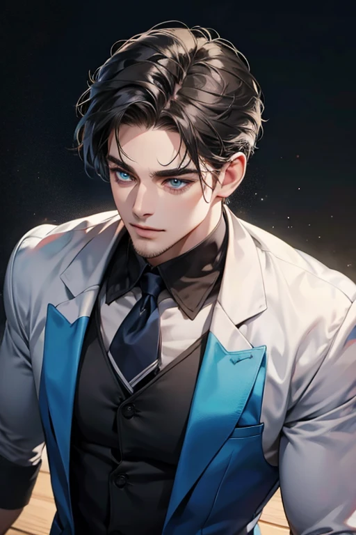a handsome 35 year old man, 3 day beard, dark hair, sharp jawline, (mesmerizing blue eyes), perfectly styled hair, wearing cool anime outfitt, dynamic lighting, (CEO), (expression, smile in love), (best quality,4k,8k,highres,masterpiece:1.2),ultra-detailed,(realistic,photorealistic,photo-realistic:1.37)