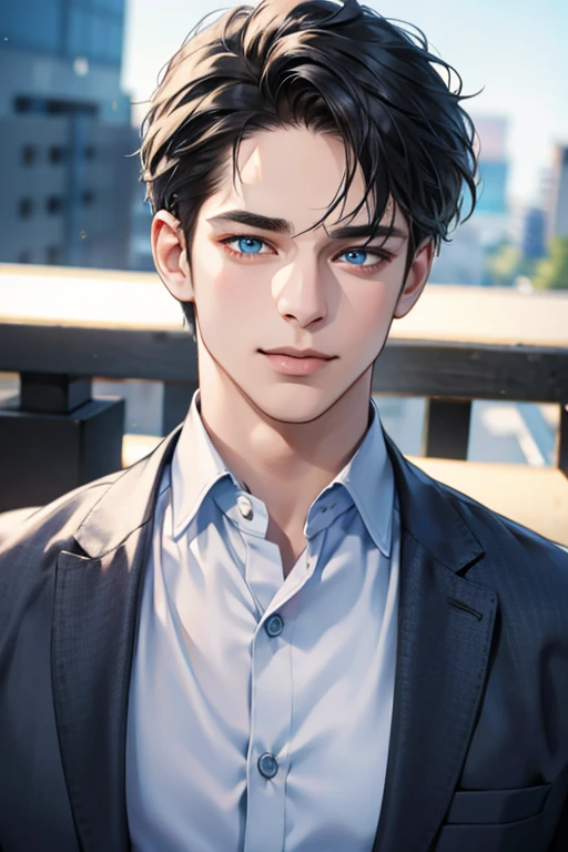 a handsome 35 year old man, 3 day beard, dark hair, sharp jawline, (mesmerizing blue eyes), perfectly styled hair, wearing cool anime outfitt, dynamic lighting, (CEO), (expression, smile in love), (best quality,4k,8k,highres,masterpiece:1.2),ultra-detailed,(realistic,photorealistic,photo-realistic:1.37)