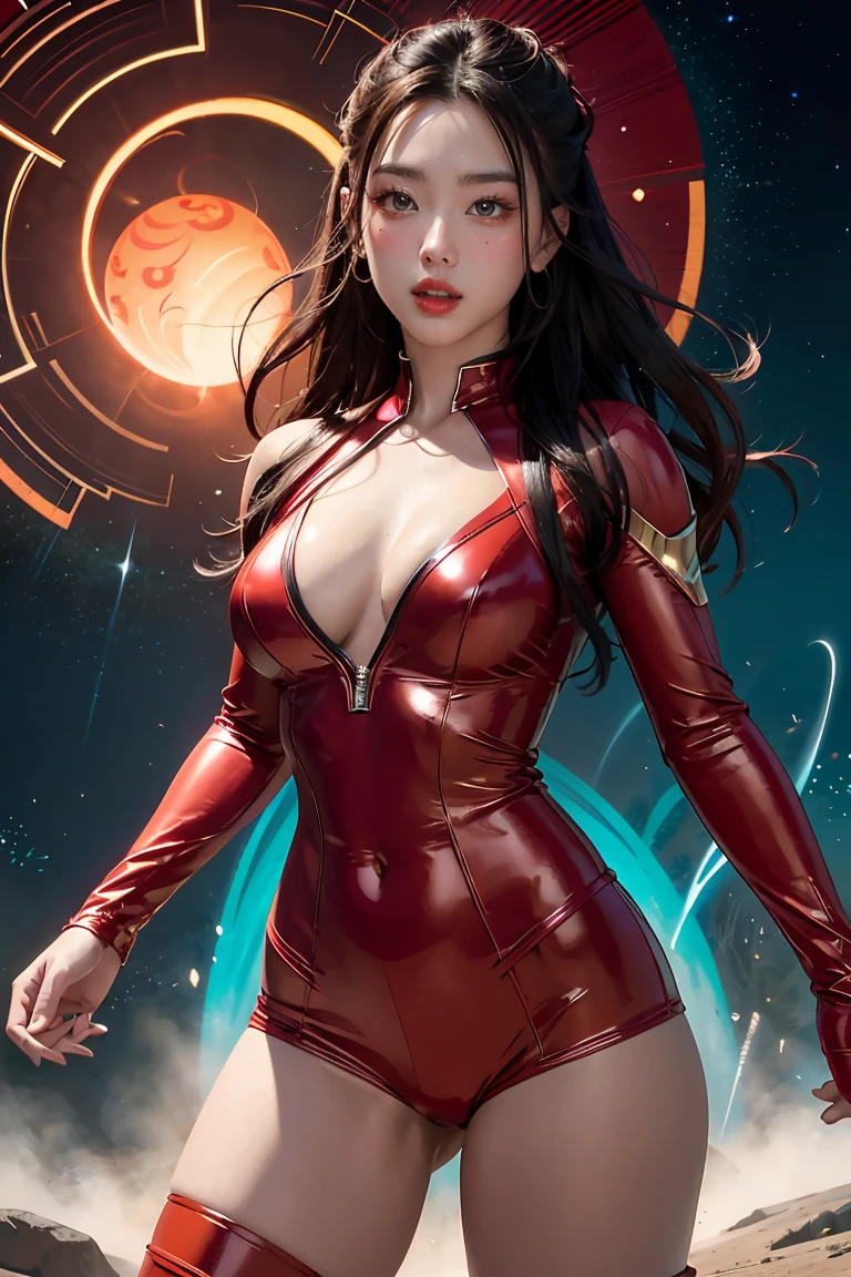 (best quality, 4k, highres, photorealistic), (concept art: 1.2), (bright colors: 1.1), (glowing effect: 1.1), (intense red: 1.2), (dynamic pose: 1.1), (powerful aura: 1.2), (fierce expression: 1.1), (sparkling eyes: 1.1), (flowing hair: 1.1), (ethereal beauty: 1.3), (background: cosmic scenery), (cosmic energy: 1.2), (vibrant stars: 1.1), (energy beams: 1.1), (futuristic technology: 1.2)

An angry beautiful woman with lined lips, wearing a red  that tightly hugs her muscular and toned skin. Her outfit covers her navel and is adorned with intricate makeup designs. She is the iconic Red Lantern, a superhero from the DC Comics universe with extraordinary powers.

This version of Red Lantern is a muscular and powerful female character, wearing an all-red uniform that accentuates her figure. Her  is fitted to her form, emphasizing her curves. The viewer's attention is drawn to her medium-sized , which are beautifully detailed and add to her realism and overall aesthetic.

As she looks directly at the viewer, her captivating gaze is enhanced by the realism of her eyes, which sparkle with intensity. Her expression is fierce and determined, displaying her unwavering dedication to protecting the innocent.

The artwork is of the highest quality, with a resolution of 4K, showcasing every ultra-detailed aspect of the beautiful woman. The photorealistic style brings her to life, making her appear as if she could step off the canvas and into reality.

The artist has captured the essence of red Lantern's power and aura, with a vibrant and dynamic pose. Her body emanates a powerful and glowing green energy, forming a captivating cosmic scenery background. The starry night sky is filled with vibrant and vivid colors, giving the artwork an otherworldly feel.

The cosmic energy radiating from red Lantern is depicted through energy beams and futuristic technology surrounding her. The intensity of her power is further emphasized by the bright and glo