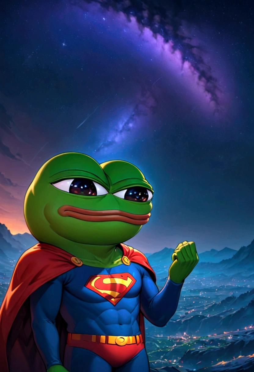 portrait of purple super hero pepe with purple skin,, wearing superman outfit with big H in middle , a starry night sky background, (((pepe_frog))),,detailed portrait, (best quality,8k,highres,masterpiece:1.2),ultra-detailed,digital painting,vibrant colors,dramatic lighting,fantasy,surreal, pepe the with purple skin, hedgehog with big mucles, hedgehog, supe hero, superman, pepe the frog, as super hero pepe_frog, high qulity (((PepeFrog))),