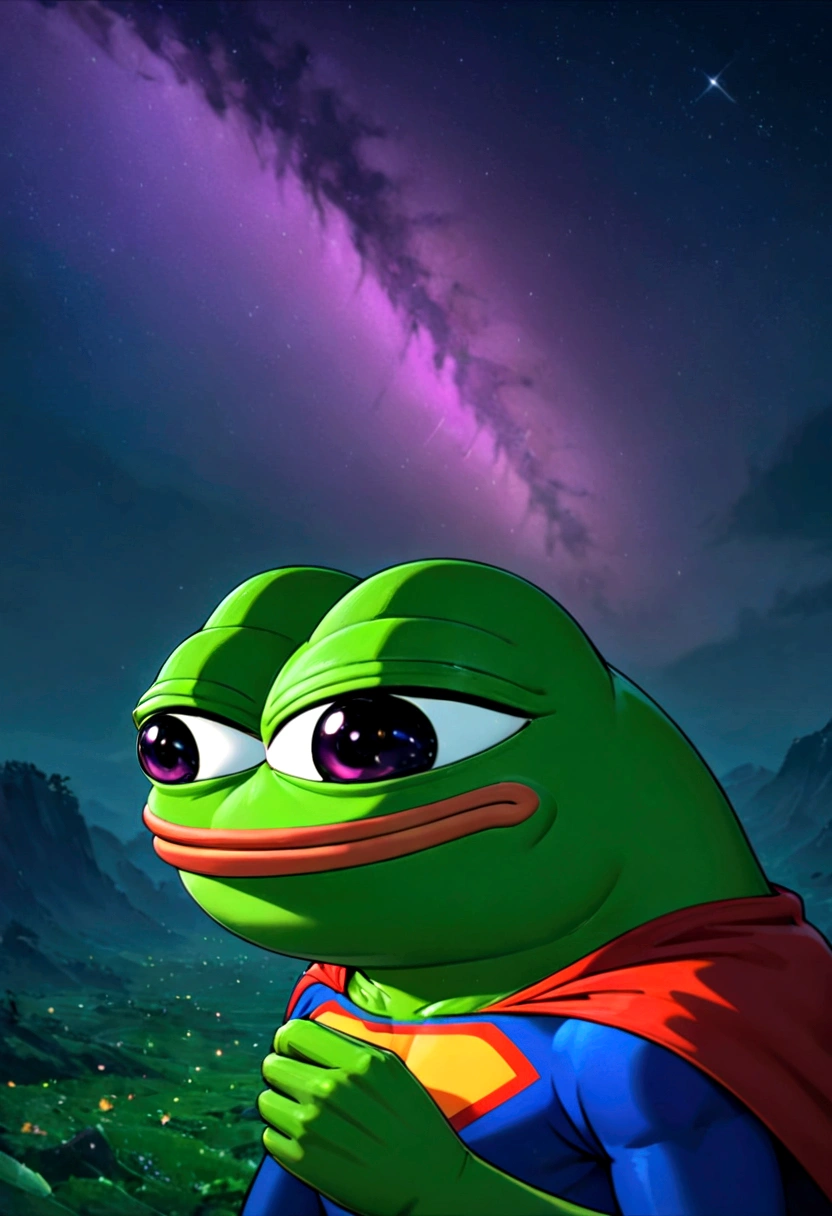 portrait of purple super hero pepe with purple skin,, wearing superman outfit with big H in middle , a starry night sky background, (((pepe_frog))),,detailed portrait, (best quality,8k,highres,masterpiece:1.2),ultra-detailed,digital painting,vibrant colors,dramatic lighting,fantasy,surreal, pepe the with purple skin, hedgehog with big mucles, hedgehog, supe hero, superman, pepe the frog, as super hero pepe_frog, high qulity (((PepeFrog))),