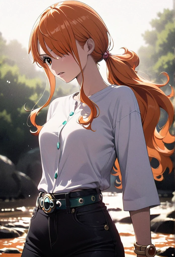 masterpiece, best quality), intricate details, 1 girl, woman, orange hair, nami \ (one piece\), (long hair), shirt, ((white shirt, black pant, black court)) female focus, nature, scenery, upper body, ((front view)) ((close up shot)) ((solo)) ((hair over one eyes)) detailed, very high resolution, no blurry image, full body, orange eyes, sligh wavy hair, ((nami from one piece)) ((female nami from one piece)), (((straight hair)) ((front view)) ((low ponytail))