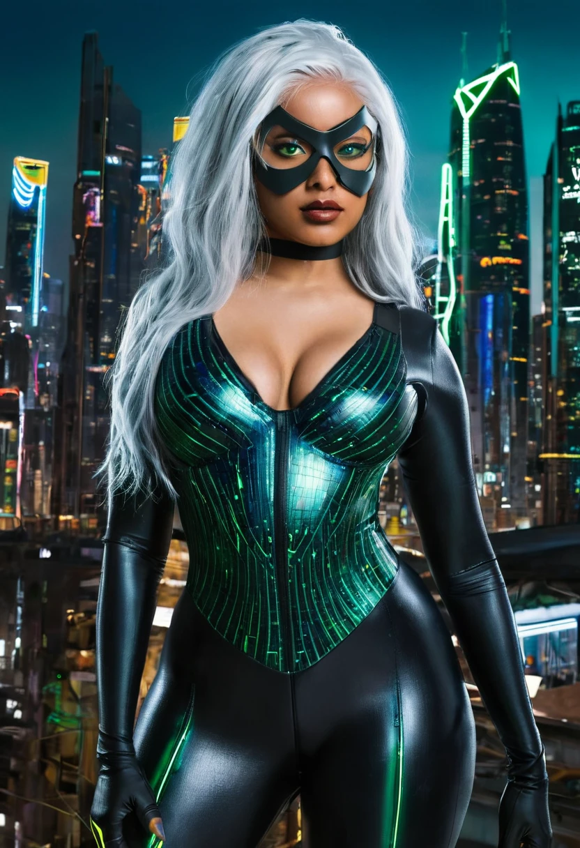 (32K, Best quality, Masterpiece: 1, 2), (Realistic, photograph realistic: 1,37), Top quality, Masterpiece, curvy a white hair woman in a ((black bodysuit)) and small mask
  upper body photo (Photo realistic),A cyberpunk curvy black woman with green eyes and shiny blue hair stands against a backdrop of a futuristic cityscape. She wears a sleek, metallic blue bodysuit that shimmers under the neon lights. The city behind her is a blend of towering skyscrapers and neon signs, pulsating with vibrant colors