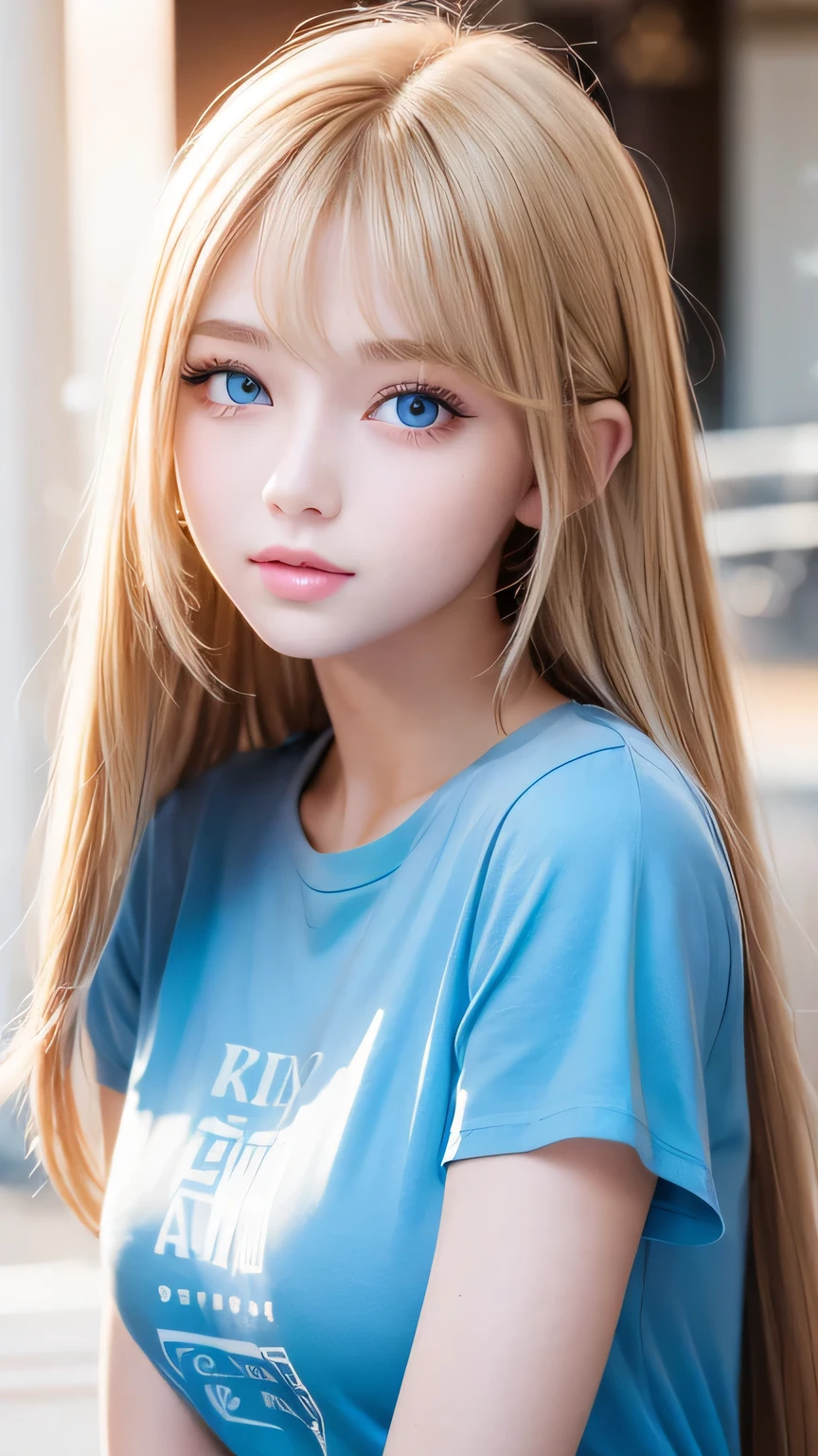 Super long straight silky blonde hair、Bangs hanging over the eyes、bangs on the face、A woman with beautiful, bright, large blue eyes is taking a photo, gorgeous young beautiful model, Portrait of Sophie Mudd, Beautiful female model, cute young beautiful girl, Portrait of a beautiful model, Beautiful Woman Photos, Perfect Face, 16 year old beautiful girl model, Beautiful young face, Blonde beautiful girl、Small Face Beauty、Round face、Ｔshirt、Ample Bust