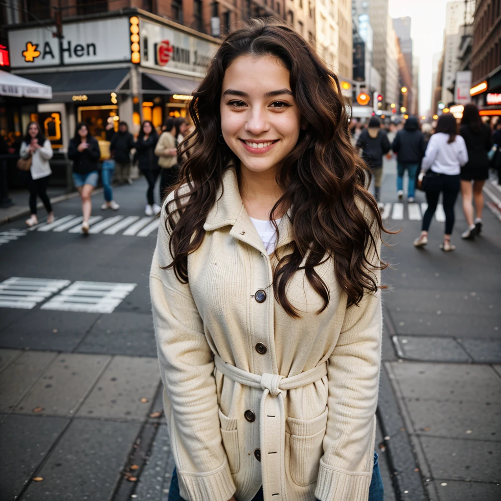 1 woman,22 years old , wavy hair, dark brown eyes, happy in new york