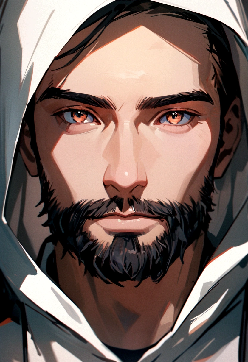 With a beard、Arav man wearing white hoodie, soft Portrait 8k, Portrait 8k, High quality portrait, Portrait of a man, Close-up portrait片, Nice face, cinematic Avatar portrait, Close-up portrait, Avatar portrait, closeup Avatar portrait, Medium shot portrait, Color Portrait, 50mm Portrait