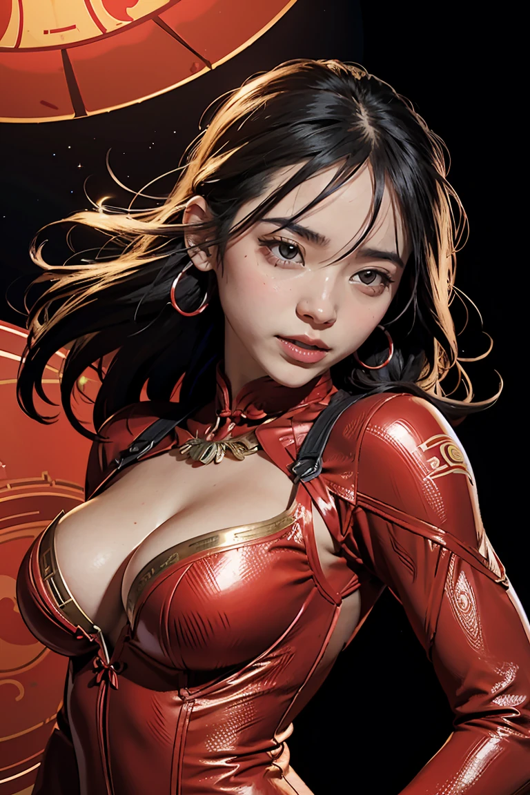 (best quality, 4k, highres, photorealistic), (concept art: 1.2), (bright colors: 1.1), (glowing effect: 1.1), (intense red: 1.2), (dynamic pose: 1.1), (powerful aura: 1.2), ( expression: 1.1), (sparkling eyes: 1.1), (flowing hair: 1.1), (ethereal beauty: 1.3), (background: cosmic scenery), (cosmic energy: 1.2), (vibrant stars: 1.1), (energy beams: 1.1), (futuristic technology: 1.2)

An angry beautiful woman with lined lips, wearing a red bodysuit that tightly hugs her muscular and toned skin. Her outfit covers her navel and is adorned with intricate makeup designs. She is the iconic Red Lantern, a superhero from the DC Comics universe with extraordinary powers.

This version of Red Lantern is a muscular and powerful female character, wearing an all-red uniform that accentuates her figure. Her bodysuit is fitted to her form, emphasizing her curves. The viewer's attention is drawn to her medium-sized breasth are beautifully detailed and add to her realism and overall aesthetic.

As she looks directly at the viewer, her captivating gaze is enhanced by the realism of her eyes, which sparkle with intensity. Her expression is fierce and deed, displaying her unwavering dedication to protecting the innocent.

The artwork is of the highest quality, with a resolution of 4K, showcasing every ultra-detailed aspect of the beautiful woman. The photorealistic style brings her to life, making her appear as if she could step off the canvas and into reality.

The artist has captured the essence of red Lantern's power and aura, with a vibrant and dynamic pose. Her body emanates a powerful and glowing green energy, forming a captivating cosmic scenery background. The starry night sky is filled with vibrant and vivid colors, giving the artwork an otherworldly feel.

The cosmic energy radiating from red Lantern is depicted through energy beams and futuristic technology surrounding her. The intensity of her power is further emphasized by the bright and glo