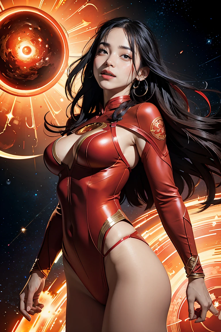 (best quality, 4k, highres, photorealistic), (concept art: 1.2), (bright colors: 1.1), (glowing effect: 1.1), (intense red: 1.2), (dynamic pose: 1.1), (powerful aura: 1.2), (fierce expression: 1.1), (sparkling eyes: 1.1), (flowing hair: 1.1), (ethereal beauty: 1.3), (background: cosmic scenery), (cosmic energy: 1.2), (vibrant stars: 1.1), (energy beams: 1.1), (futuristic technology: 1.2)
An angry beautiful woman with lined lips, wearing a red bodysuit that tightly hugs her muscular and toned skin. Her outfit covers her navel and is adorned with intricate makeup designs. She is the iconic Red Lantern, a superhero from the DC Comics universe with extraordinary powers.
This version of Red Lantern is a muscular and powerful female character, wearing an all-red uniform that accentuates her figure. Her bodysuit is fitted to her form, emphasizing her curves. The viewer's attention is drawn to her medium-sized breasts, which are beautifully detailed and add to her realism and overall aesthetic.
As she looks directly at the viewer, her captivating gaze is enhanced by the realism of her eyes, which sparkle with intensity. Her expression is fierce and determined, displaying her unwavering dedication to protecting the innocent.
The artwork is of the highest quality, with a resolution of 4K, showcasing every ultra-detailed aspect of the beautiful woman. The photorealistic style brings her to life, making her appear as if she could step off the canvas and into reality.
The artist has captured the essence of red Lantern's power and aura, with a vibrant and dynamic pose. Her body emanates a powerful and glowing green energy, forming a captivating cosmic scenery background. The starry night sky is filled with vibrant and vivid colors, giving the artwork an otherworldly feel.
The cosmic energy radiating from red Lantern is depicted through energy beams and futuristic technology surrounding her. The intensity of her power is further emphasized by the bright and glo