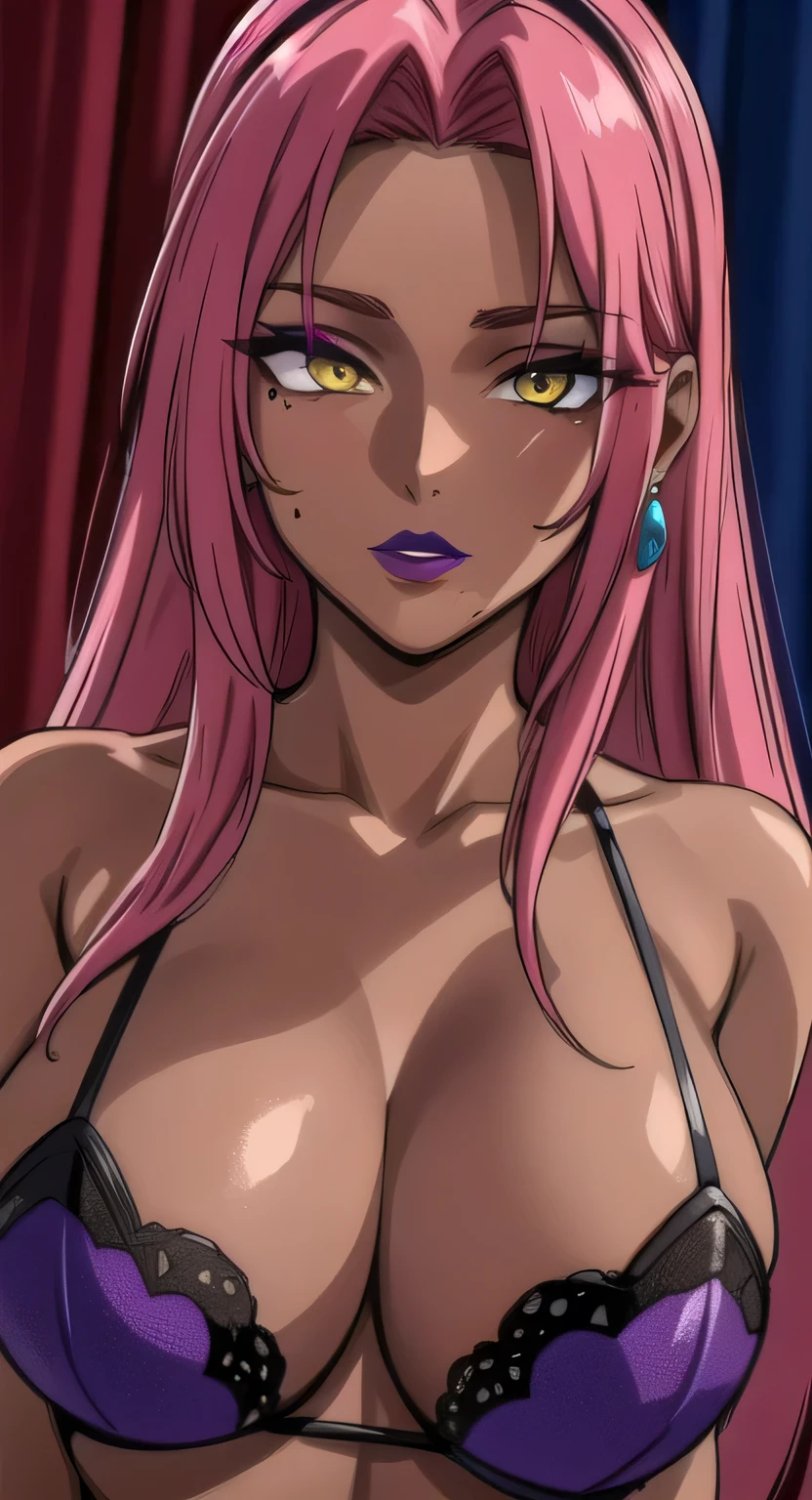 (masterpiece, highres, best quality:1.3), 8K, highly detailed, intricate, colorful, vibrant image, sharp focus, digital blending, 4K, trending on pixiv, Ingrid, (negligee), mature female, 40yo, milf, curvy, (dark skinned female:1.15), dark skin, looking at viewer, pink hair, very long hair, forehead, hair intakes, purple lipstick, makeup, mole under mouth, yellow eyes, perfect eyes, perfect face, ultra detailed hair, ultra detailed face, earrings, ultra detailed lips, large breasts, ultra detailed lipstick,