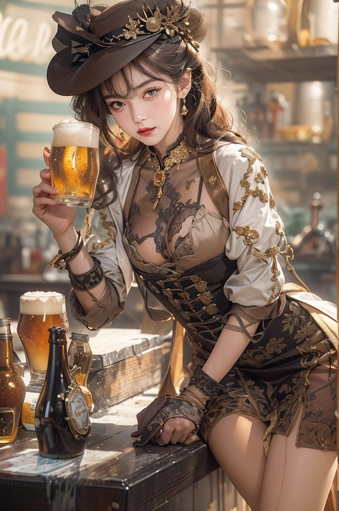 (masterpiece:1.3), (8K, Realistic, RAW Photos, Best image quality: 1.4), Japanese 、18-year-old,(Random Hairstyles:1.2)、Cleavage:1.2、Highly detailed face、Attention to detail、double eyelid、Chest to chest、Sharp focus:1.2、Beautiful woman:1.4、Light brown hair、Highest quality、masterpiece、Ultra-high resolution、(Realistic:1.4)、Highly detailed and professionally lit smiles、Loose fitting steampunk outfit、Shoulder out、thin、Serious expression、drinking beer at bar