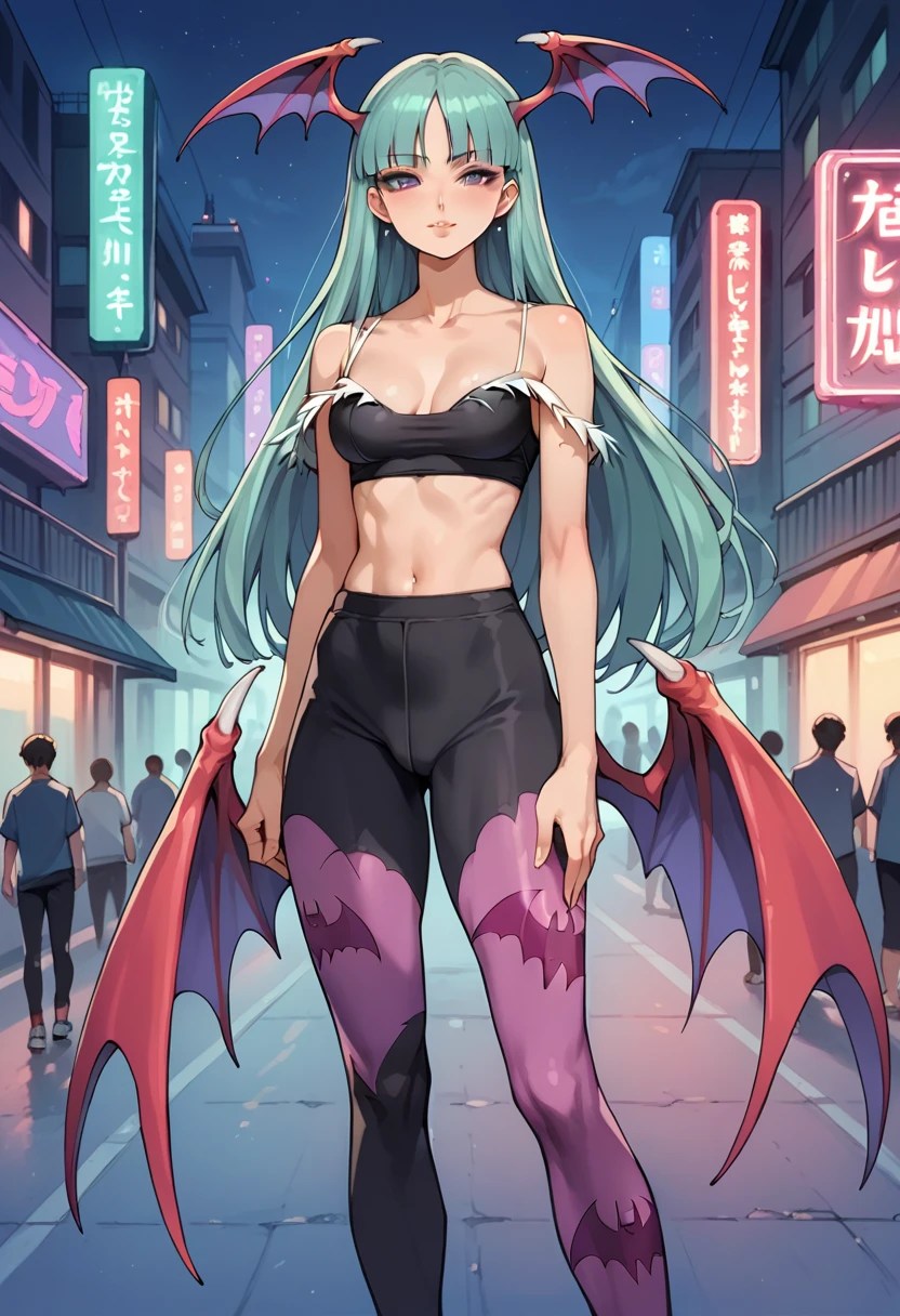 score_9, score_8_up, score_7_up, score_6_up, score_5_up, source_anime, rooftops, night city, neon lights, slim body, Slender legs, slim hourglass figure body type, average breasts size, puple_hair, purple_eyes, Morrigan_Aensland, black sports bra, black yoga pants, seductive smile, looking at viewer