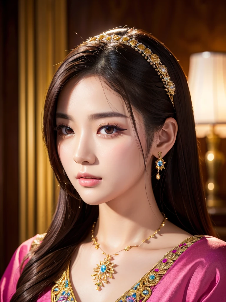 a beautiful young korean idol woman, high quality detailed portrait, extremely detailed face and eyes, long eyelashes, detailed skin texture, flawless makeup, elegant expression, detailed hair, beautiful detailed lips, intricate jewelry, detailed clothing, complex background, (best quality,4k,8k,highres,masterpiece:1.2),ultra-detailed,(realistic,photorealistic,photo-realistic:1.37),studio lighting,HDR,vivid colors,professional photography