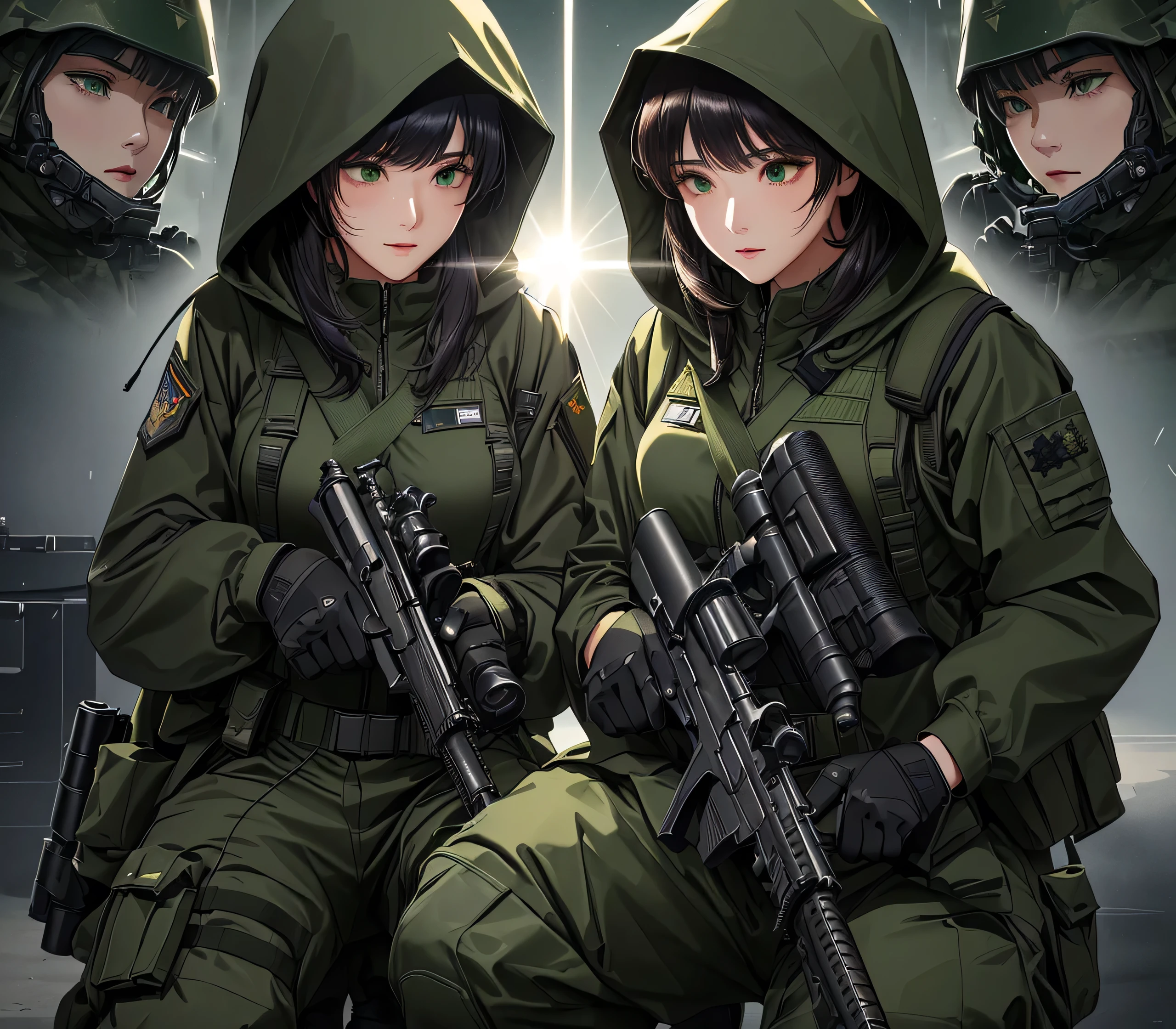 Close-up of a group of female soldiers holding guns、Wearing dark green M-51 hooded military uniform、Hooded on head、Dark green military pants，Wearing a magazine pouch、Tactical harness、Knee pads、best quality、Highly detailed CG、8K picture quality、Theatre lighting、lens flare