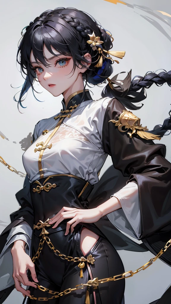 Masterpiece, Best quality, 1 Female, Mature Woman, Elder Sister, Royal Sister, Cold Face, strong, green eyes, wolfcut short hair, smoky mix blue color hair, resolute eyes, simple black Taoist Taoist uniform, black accessories, Chinese mix morden, frontal photo, blank background, remove background, A strand of hair is braided into a small braid