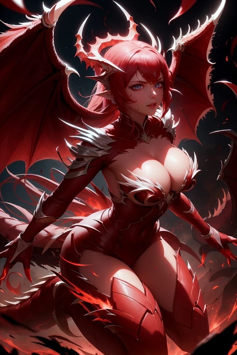 flaming red dragon woman with wings, perfect hands, flames and particles, fictional figure body hands on waist