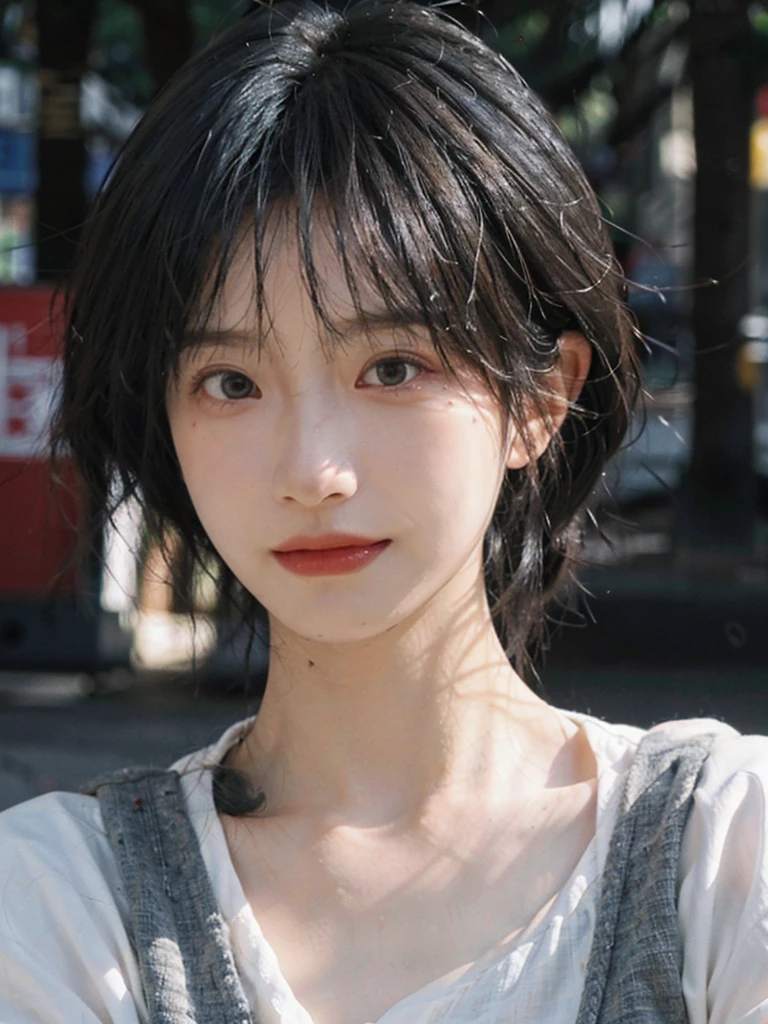 (Skin details:1.4), (smooth skin textures:1.3), Lipstick, background, earrings, serene, calm, Suspenders,(Realistic and detailed eyes:1.2), Natural skin texture, Realistic facial details, Soft dramatic lighting, Vivid details, 35 mm film, outdoor, (Photo Practical:1.4), (hyper Practical:1.4), (Practical:1.3), (Smoother lighting:1.05), (Improve lighting quality:0.9), (Highest quality real skin textures:1.4), Exquisite eyes, Delicate face, Close-up of face, (Enhance the beauty of skin texture:1.1), Hair details,(Large Breasts:1.3)normal body ratio, short hair, Moles under the eyes, A faint smile,Portrait Photography, Depth of Field, Bokeh, Surrealism, Ray Tracing, (Portrait Photography:1.1), Surrealism, High Detail, Chiaroscuro, Ray Tracing, reflected light, Ultra HD, Ultra HD, masterpiece, Textured Skin, Super Detail, High Detail, high quality, best quality