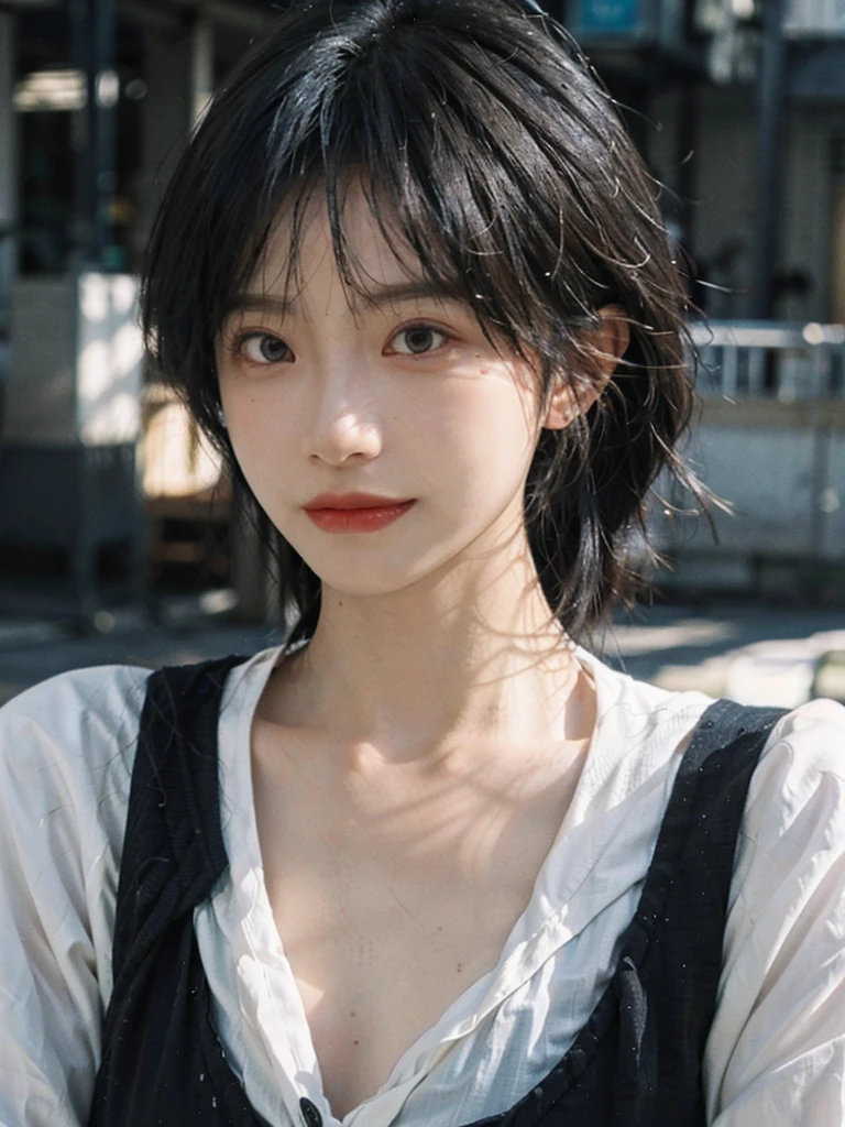 (Skin details:1.4), (smooth skin textures:1.3), Lipstick, background, earrings, serene, calm, Suspenders,(Realistic and detailed eyes:1.2), Natural skin texture, Realistic facial details, Soft dramatic lighting, Vivid details, 35 mm film, outdoor, (Photo Practical:1.4), (hyper Practical:1.4), (Practical:1.3), (Smoother lighting:1.05), (Improve lighting quality:0.9), (Highest quality real skin textures:1.4), Exquisite eyes, Delicate face, Close-up of face, (Enhance the beauty of skin texture:1.1), Hair details,(Large Breasts:1.3)normal body ratio, short hair, Moles under the eyes, A faint smile,Portrait Photography, Depth of Field, Bokeh, Surrealism, Ray Tracing, (Portrait Photography:1.1), Surrealism, High Detail, Chiaroscuro, Ray Tracing, reflected light, Ultra HD, Ultra HD, masterpiece, Textured Skin, Super Detail, High Detail, high quality, best quality
