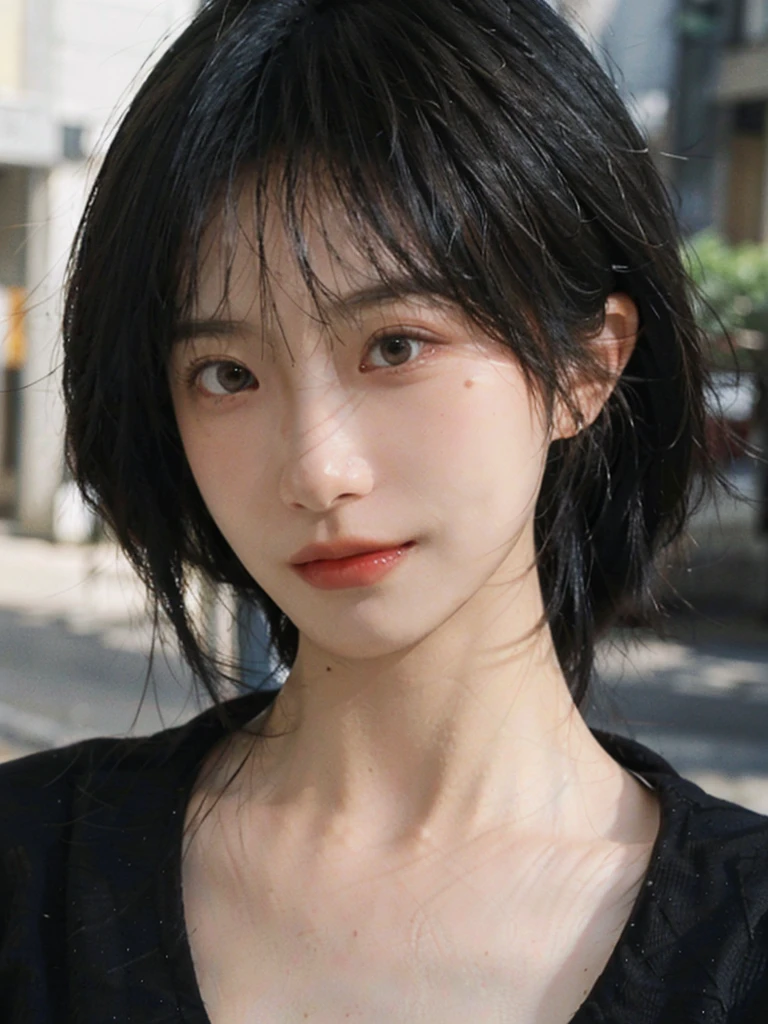 (Skin details:1.4), (smooth skin textures:1.3), Lipstick, background, earrings, serene, calm, Suspenders,(Realistic and detailed eyes:1.2), Natural skin texture, Realistic facial details, Soft dramatic lighting, Vivid details, 35 mm film, outdoor, (Photo Practical:1.4), (hyper Practical:1.4), (Practical:1.3), (Smoother lighting:1.05), (Improve lighting quality:0.9), (Highest quality real skin textures:1.4), Exquisite eyes, Delicate face, Close-up of face, (Enhance the beauty of skin texture:1.1), Hair details,(Large Breasts:1.3)normal body ratio, short hair, Moles under the eyes, A faint smile,Portrait Photography, Depth of Field, Bokeh, Surrealism, Ray Tracing, (Portrait Photography:1.1), Surrealism, High Detail, Chiaroscuro, Ray Tracing, reflected light, Ultra HD, Ultra HD, masterpiece, Textured Skin, Super Detail, High Detail, high quality, best quality