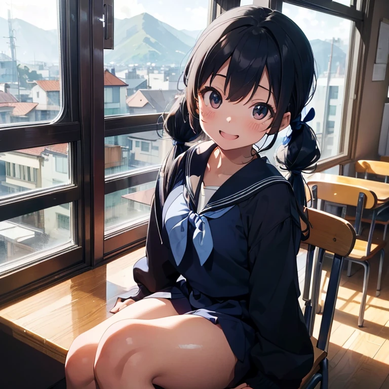 Highest quality, Very detailed, masterpiece, One Girl, Sitting in a chair Smiling, Open Mouth, , (low twintails:1.2), Low Pigtails, Black Hair, Long Hair, (Navy blue sailor suit with blue ribbon:1.4), Long sleeve, Dark brown eyes, School desk, School Chair, classroom, from the front, Close up on face, First-person view, alone, window, The cityscape and coastline in the distance, Hill Town, 16 o'clock, Orange sky, anime,
