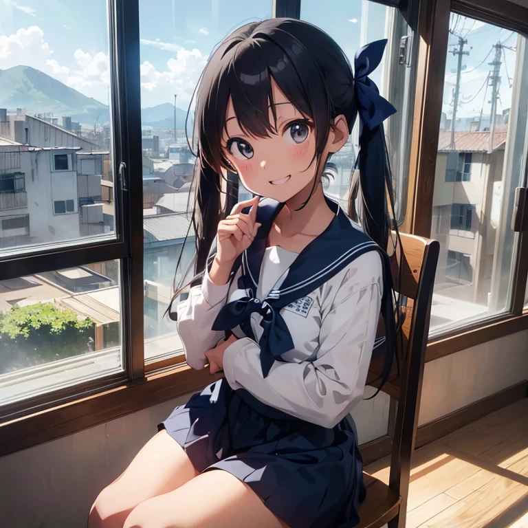 Highest quality, Very detailed, masterpiece, One Girl, Sitting in a chair Smiling, Open Mouth, , (low twintails:1.2), Low Pigtails, Black Hair, Long Hair, (Navy blue sailor suit with blue ribbon:1.4), Long sleeve, Dark brown eyes, School desk, School Chair, classroom, from the front, Close up on face, First-person view, alone, window, The cityscape and coastline in the distance, Hill Town, 16 o'clock, Orange sky, anime,