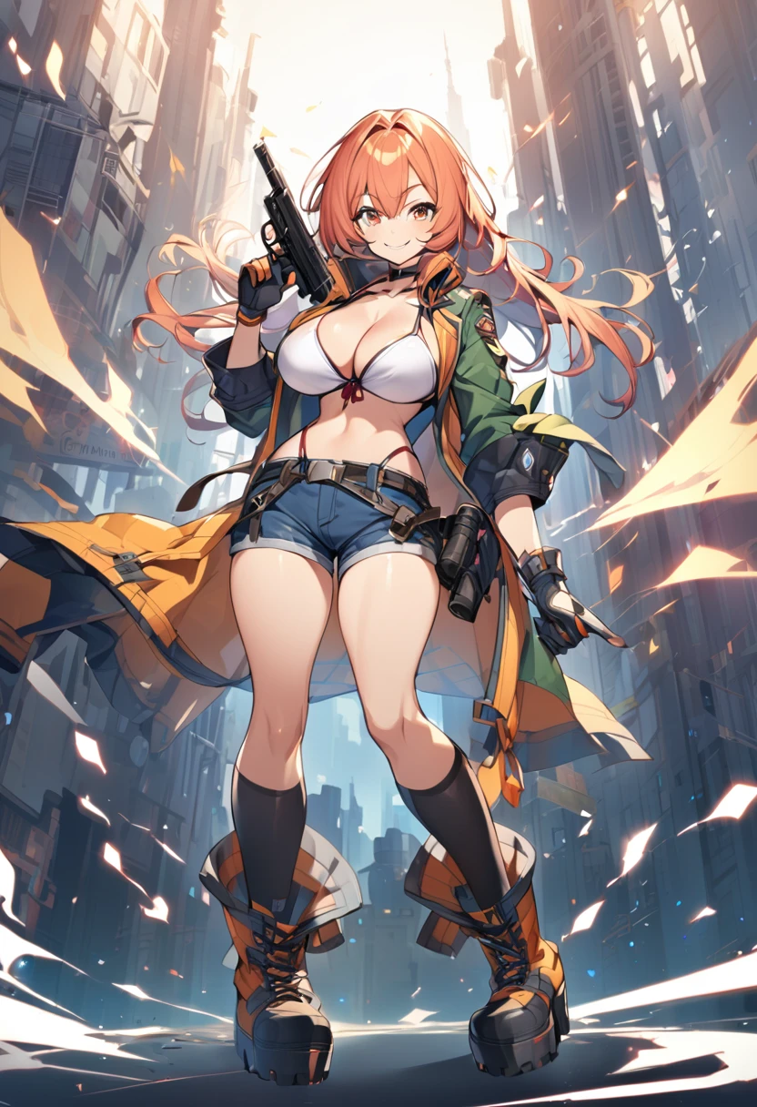 girl,big breasts,Bikini Tops,hot pants,gloves,smile,boots,Knee-high socks,full body Shot,hand pistol,