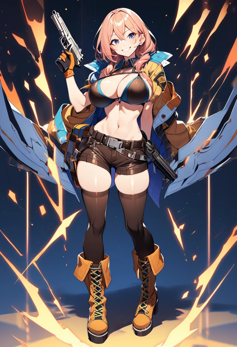 girl,big breasts,Bikini Tops,hot pants,gloves,smile,boots,Knee-high socks,full body Shot,hand pistol,