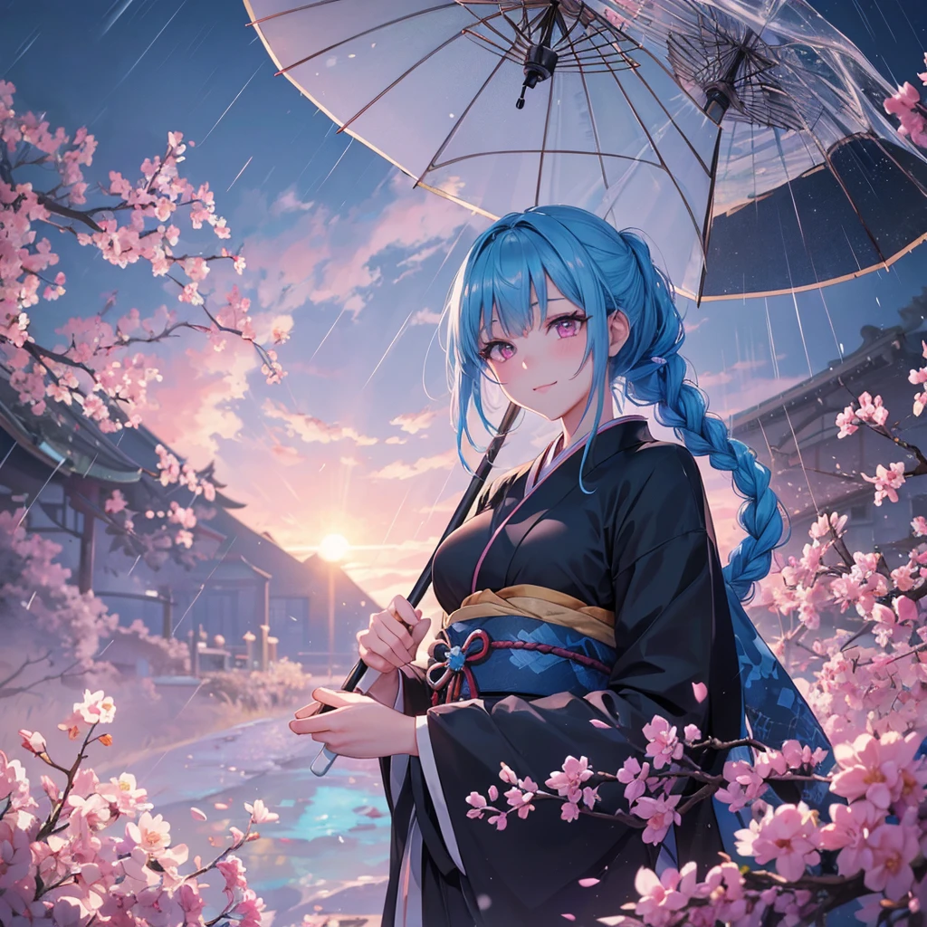 sky Blue hair, (braided ponytail),(pink eyes),fair skin ,(full body),(1 girl),smile,Straight Bangs,(masterpiece, best quality, ultra-detailed, best shadow), (detailed background), (beautiful detailed face), high contrast, (best illumination, an extremely delicate and beautiful), ((cinematic light)), colorful, hyper detail, dramatic light, intricate details,rain shower,kyoto,Japanese Umbrella,black kimono,