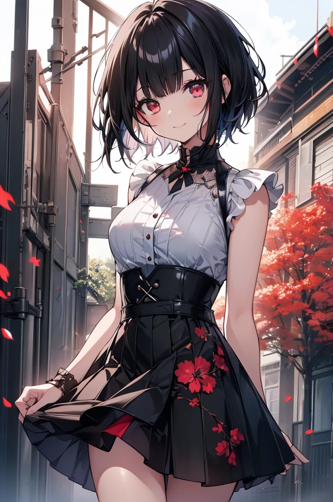 (masterpiece, highest quality, highest quality, (No text), Beautiful and aesthetic:1.2),No text,アニメ、BREAK,One Girl，Black Hair Girl　short hair　Tree Eyes　Beautiful eyes　Red eyes　cool　smile　Red and Black　mini skirt　whole body
