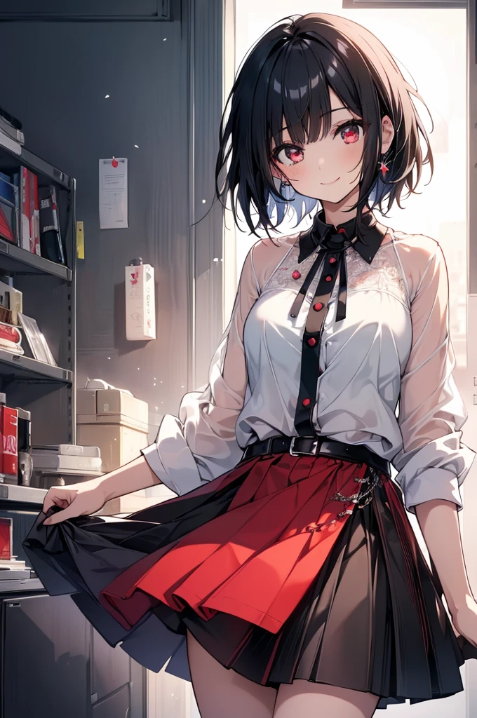 (masterpiece, highest quality, highest quality, (No text), Beautiful and aesthetic:1.2),No text,アニメ、BREAK,One Girl,Black Hair Girl short hair Tree Eyes Beautiful eyes Red eyes cool smile Red and Black mini skirt whole body