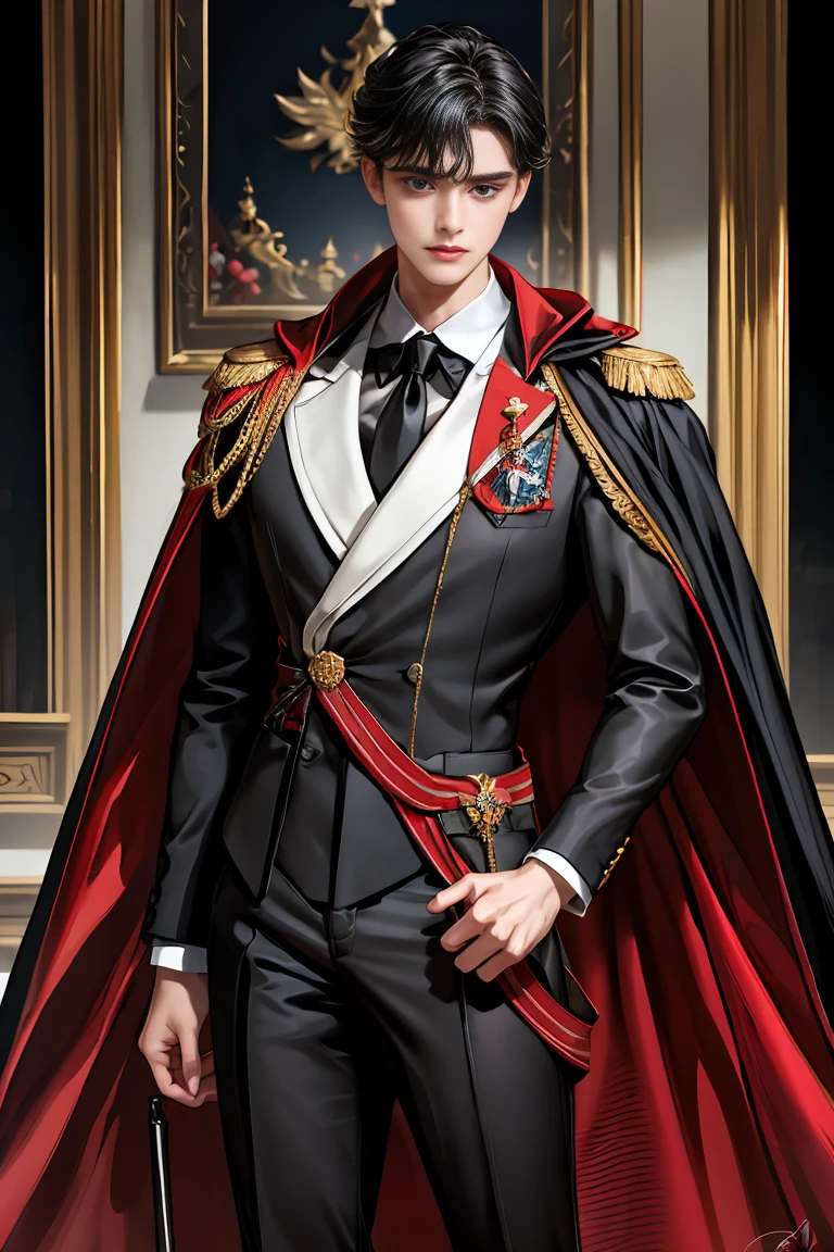 masterpiece, 最high quality, high quality, 1 boy, alone, Male focus, Watching the audience, Messy black hair, Adorable big blue eyes, White people, Noble, Noble,Sexy voluminous black and red cape、Tuxedo、A very voluminous, large, very large, very large, long, long red and black cape with a high stand-up collar, reaching down to the floor, made of a lot of fabric., 17 years old,Cute beautiful boys,Cute, cute, kind, handsome guy