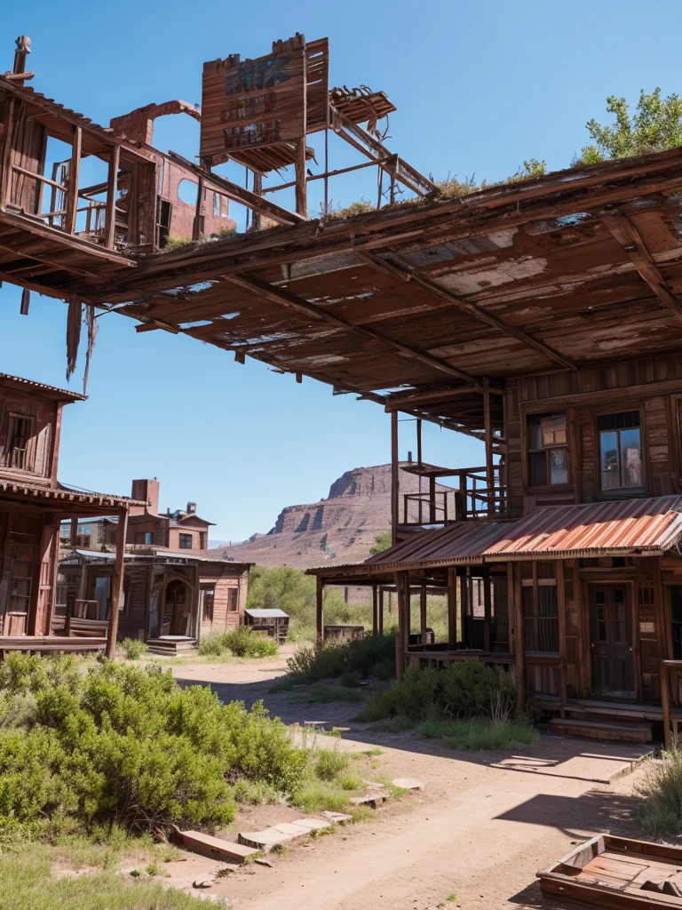 Clear blue sky, rusty city, ghost town, moss-covered 