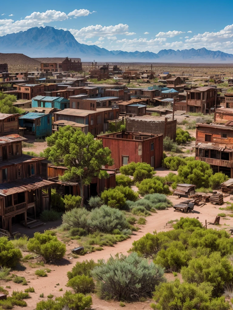 Clear blue sky, rusty city, ghost town, moss-covered
