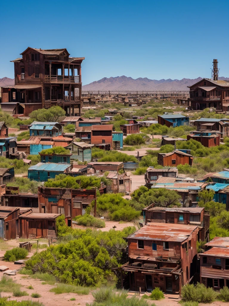 Clear blue sky, rusty city, ghost town, moss-covered 