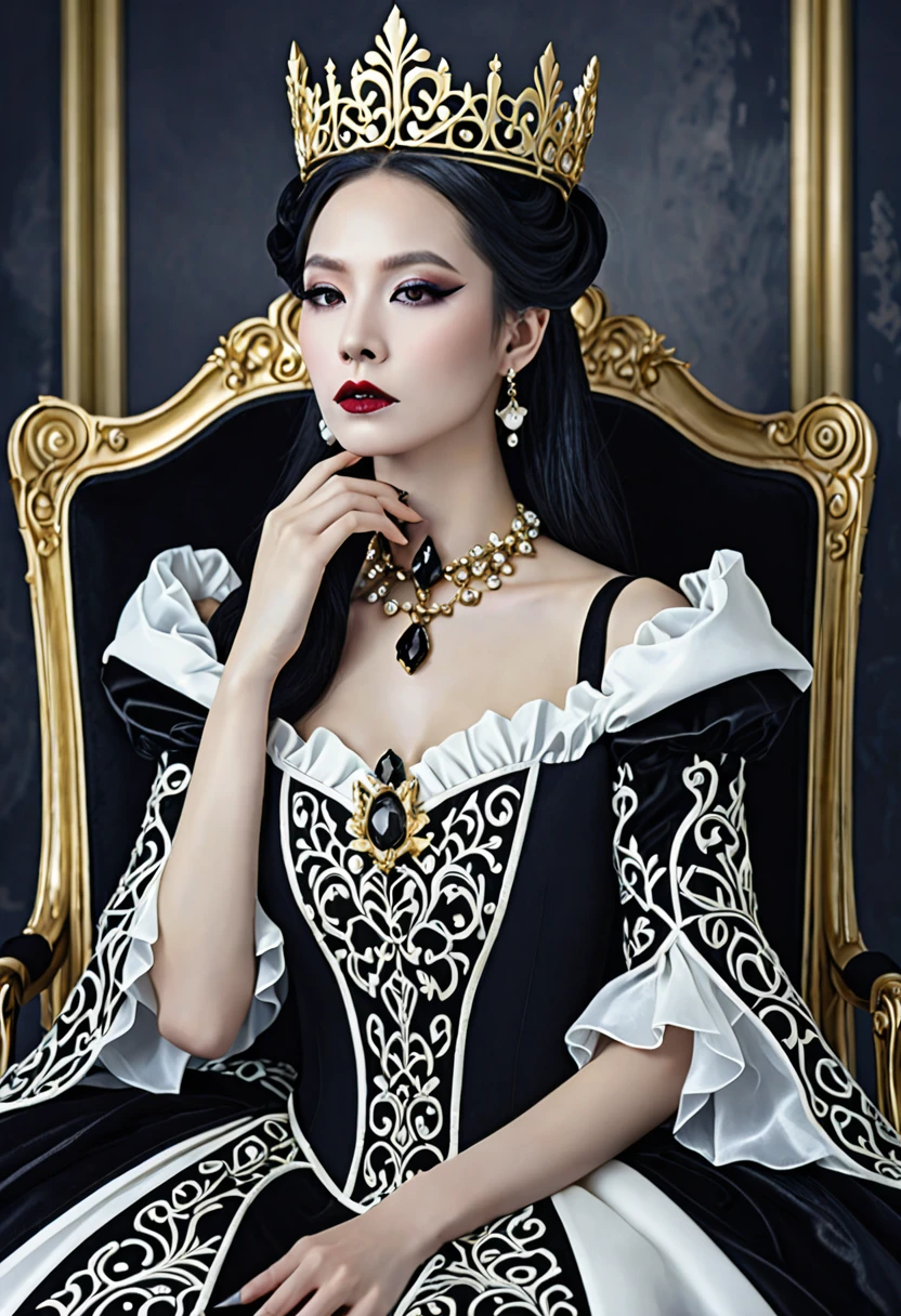 Woman wearing a black and white dress and a gold crown, beautiful fantasy empress, ((beautiful fantasy empress)), Gothic Regal, Rococo Queen (Rococo Queen), royal elegant pose, gothic princess portrait, Beautiful vampire female queen, Elegant Gothic princess, ornate cosplay, The Lovely Queen, beautiful and elegant devil queen, Guweiz masterpiece, Surreal Fantasy Tiara