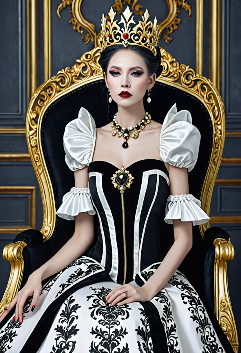 Woman wearing a black and white dress and a gold crown, beautiful fantasy empress, ((beautiful fantasy empress)), Gothic Regal, Rococo Queen (Rococo Queen), royal elegant pose, gothic princess portrait, Beautiful vampire female queen, Elegant Gothic princess, ornate cosplay, The Lovely Queen, beautiful and elegant devil queen, Guweiz masterpiece, Surreal Fantasy Tiara