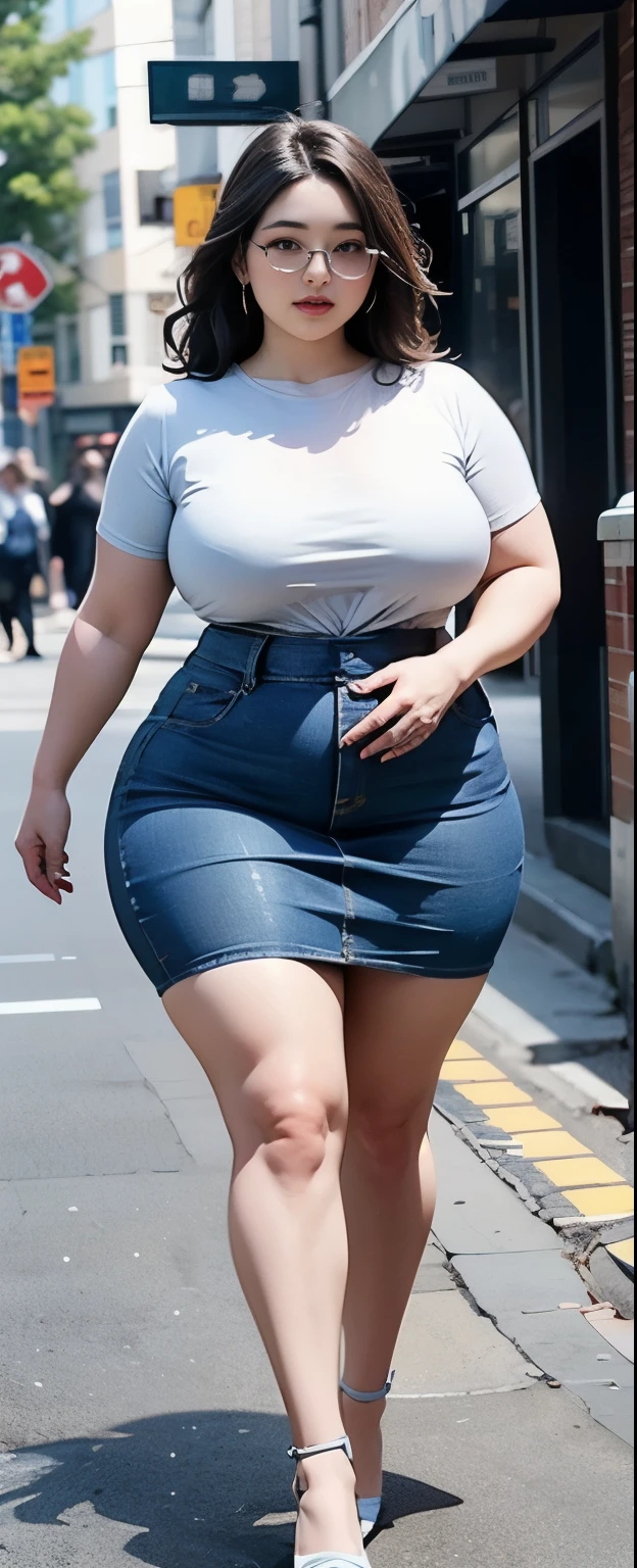 ((best quality)), ((masterpiece)), (detailed), perfect face, araffe woman in a dark-blue shirt and blue denim skirt walking down a street, thicc, she has a jiggly fat round belly, bbwchan, wearing tight simple clothes, skinny waist and thick hips, widest hips, her belly is fat and round, soft curvy shape, hyperrealistic full figure, wearing a cute top, wide hips