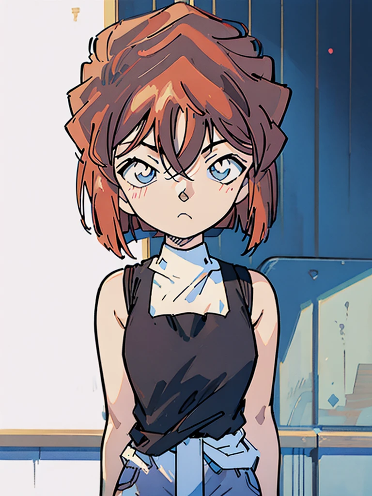 masterpiece, best quality, beautiful face, (street, upper body:1.4), anime style, (1girl in, Solo:1.0), (Haibara Ai), ((Short pants)), (((Big eyes))), (Cute anime girl head), (flat chest),looking at viewer,With a height of 100cm, shoot from front, (head shot), Simple line minimalism, Abstract Art, vivid color
