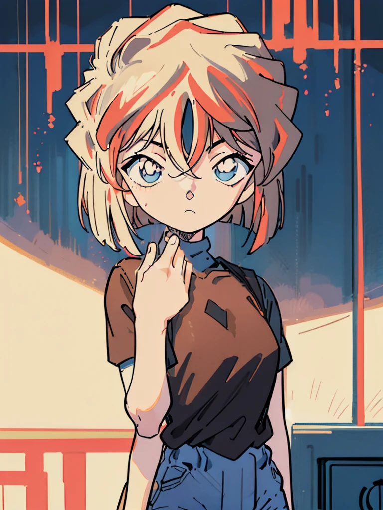 masterpiece, best quality, beautiful face, (street, upper body:1.4), anime style, (1girl in, Solo:1.0), (Haibara Ai), ((Short pants)), (((Big eyes))), (Cute anime girl head), (flat chest),looking at viewer,With a height of 100cm, shoot from front, (head shot), Simple line minimalism, Abstract Art, vivid color