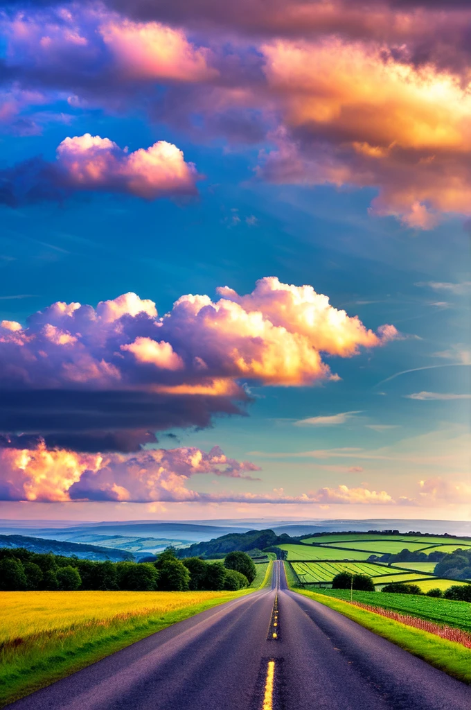 Original landscape，Sky and clouds，Tyndall effect，A country road，Colorful hot air balloon，High quality desktop wallpaper, Verdant forest, Detailed field properties, Beautiful English countryside, Stunning scenery, Rolling Hills, Landscape Wallpaper, Lush countryside, Green forests, Stunning scenery, Green fields in the background, High quality wallpaper, Beautiful wallpapers，Ultra high quality，Ultra HD，Ultra-high resolution