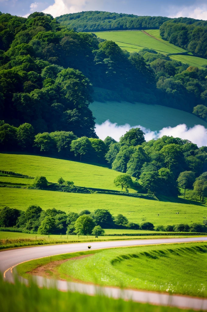 Original landscape，Sky and clouds，Tyndall effect，A country road，Colorful hot air balloon，High quality desktop wallpaper, Verdant forest, Detailed field properties, Beautiful English countryside, Stunning scenery, Rolling Hills, Landscape Wallpaper, Lush countryside, Green forests, Stunning scenery, Green fields in the background, High quality wallpaper, Beautiful wallpapers，Ultra high quality，Ultra HD，Ultra-high resolution