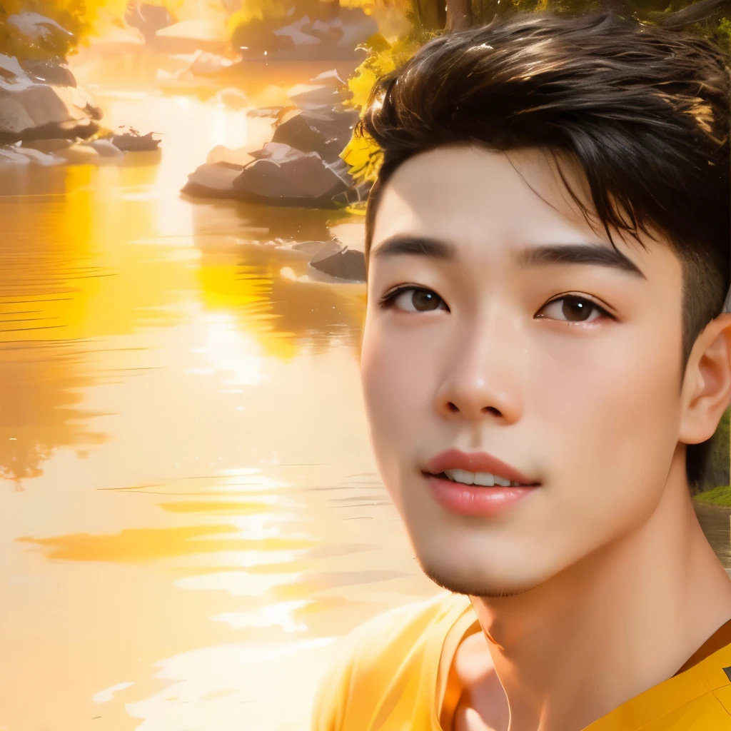 there is a cute korean boy that is standing in front of a river, handsome boy, profile pic, thawan duchanee, ayan nag, profile picture 1024px, picture, profile picture, cute korean boy, profile picture, selfie photo, yellow tshirt , good looking face, portait photo profile picture