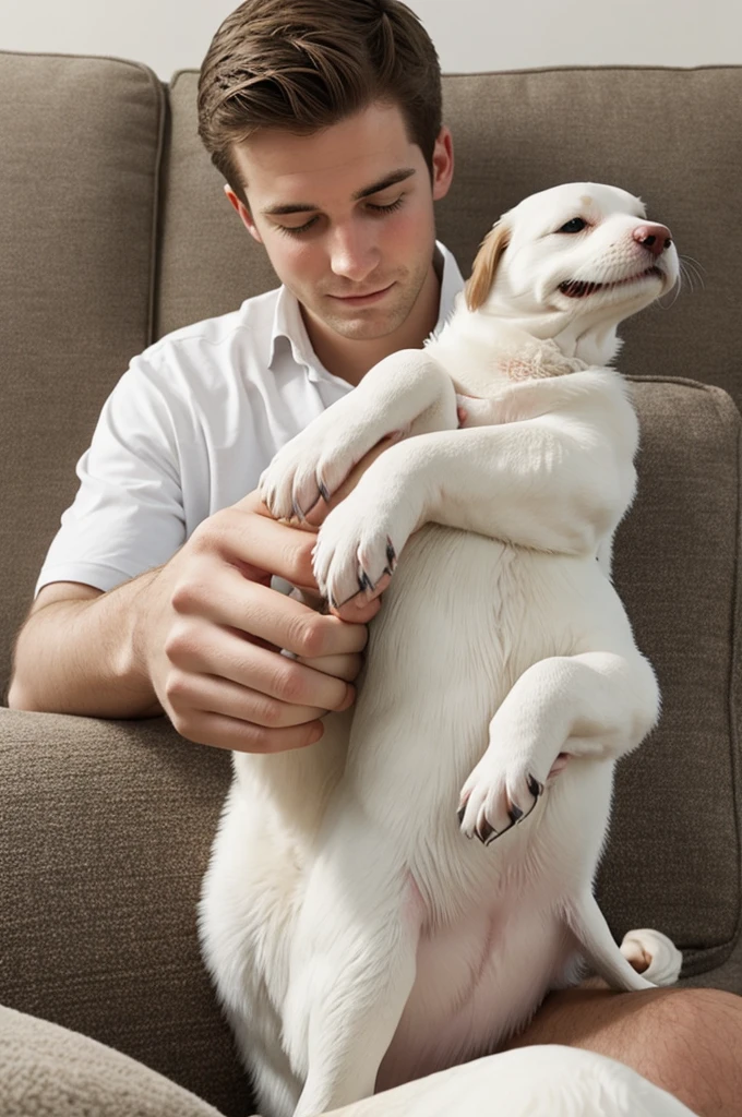 Creates an image of a hand of a white man about 18 years old petting a peagle puppy that they are playing on the couch, all super real 