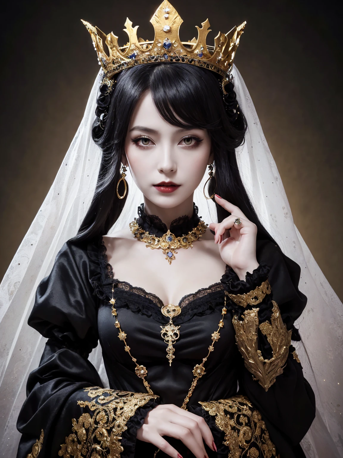 Woman wearing a black and white dress and a gold crown, beautiful fantasy empress, ((beautiful fantasy empress)), Gothic Regal, Rococo Queen (Rococo Queen), royal elegant pose, gothic princess portrait, Beautiful vampire female queen, Elegant Gothic princess, ornate cosplay, The Lovely Queen, beautiful and elegant devil queen, Guweiz masterpiece, Surreal Fantasy Tiara