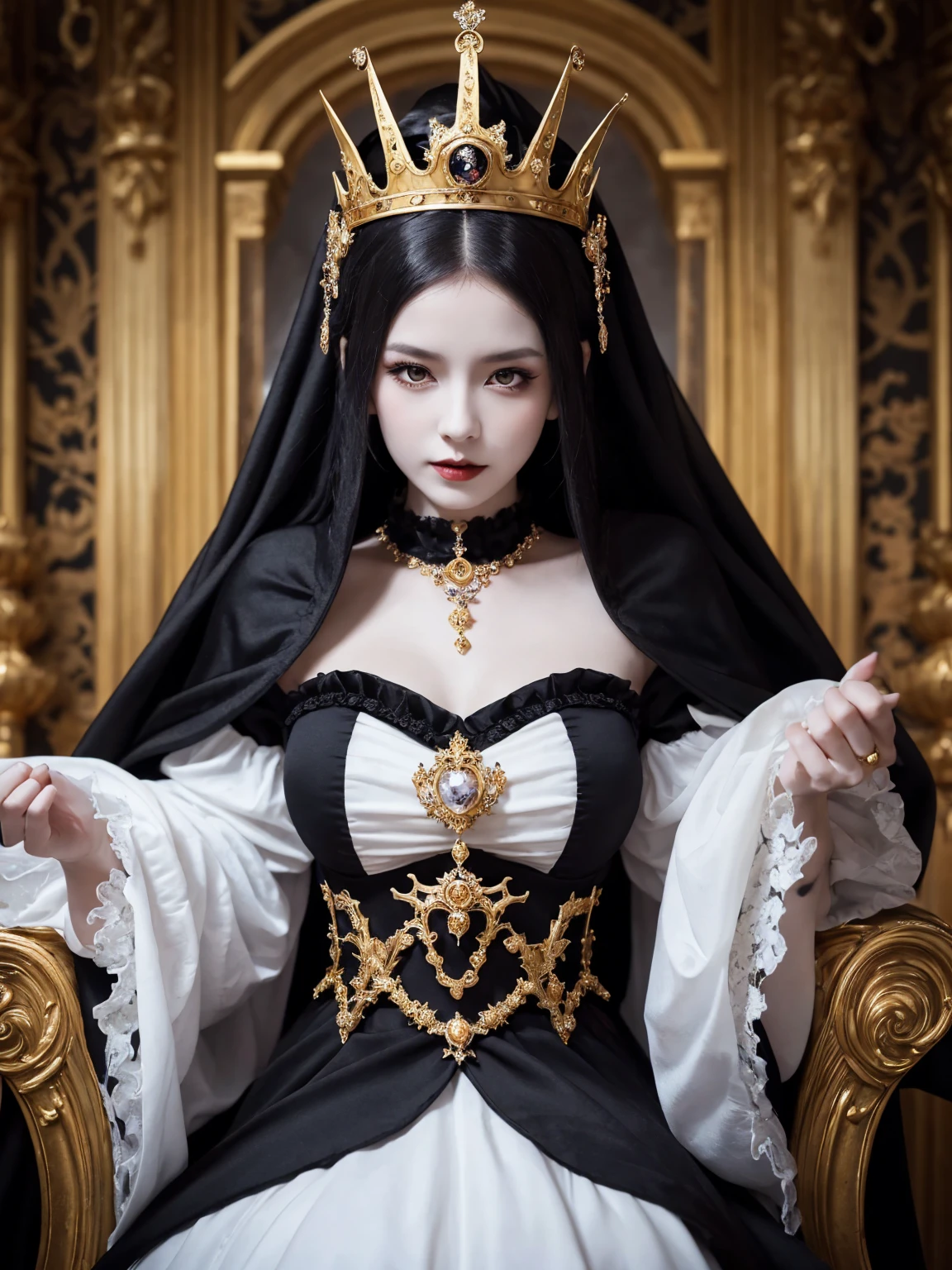 Woman wearing a black and white dress and a gold crown, beautiful fantasy empress, ((beautiful fantasy empress)), Gothic Regal, Rococo Queen (Rococo Queen), royal elegant pose, gothic princess portrait, Beautiful vampire female queen, Elegant Gothic princess, ornate cosplay, The Lovely Queen, beautiful and elegant devil queen, Guweiz masterpiece, Surreal Fantasy Tiara