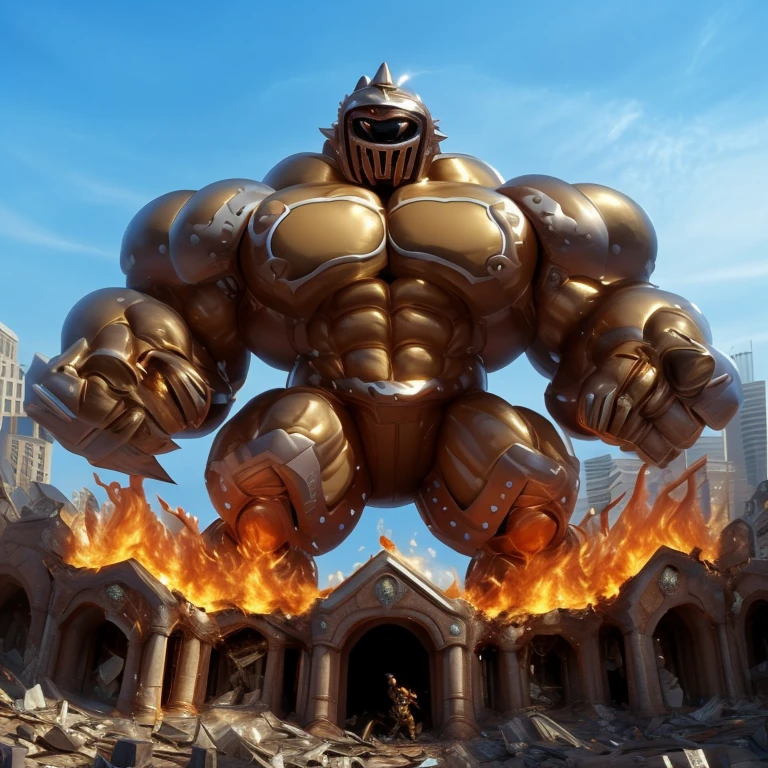 solo (masterpiece. official art. 8k. best quality. detailed full body. full body.)

(situation 1 : dominating Armored Flazzard. Armored Flazzard is over 1000 meters long. focus GIANT mechanical Muscular Armored Flazzard is trampling the city. Looking down. macro. stomp. Low-angle perspective. emphasizing the immense size.)

(situation 2 :smoke and flames rising from the destruction in the city)

(Additional details 1: real texture material. whole body shines like metal. emphasizes the muscles. suit fully made of metal.).

(Additional details 2: Detailed head. Detailed Body. Detailed abs. gigantic muscles. HYPER MUSCLES. Gigachad Muscular. big muscle. pecs. triceps. traps. unusually developed muscular body. body full of huge muscles. showing off muscles. pectorales enormes. Exaggeratedly huge muscles. huge muscles. long legs.).
his back he wears a golden cloak.