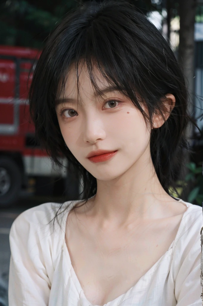 (smooth skin textures:1.3), Lipstick, (Upper body:1.4),background, earrings, serene, calm, Suspenders,(Realistic and detailed eyes:1.2), Natural skin texture, Realistic facial details, Soft dramatic lighting, Vivid details, outdoor, (Photo Practical:1.4), (hyper Practical:1.4), (Practical:1.3), (Smoother lighting:1.05), (Improve lighting quality:0.9), (Highest quality real skin textures:1.4), Exquisite eyes, Delicate face, (Enhance the beauty of skin texture:1.1), Hair details,(Large Breasts:1.3), short hair, Moles under the eyes, A faint smile,Portrait Photography, Depth of Field, Bokeh, Surrealism, Ray Tracing, (Portrait Photography:1.1), Surrealism, High Detail, Chiaroscuro, Ray Tracing, reflected light, Ultra HD, Ultra HD, masterpiece, Textured Skin, Super Detail, High Detail, high quality, best quality
