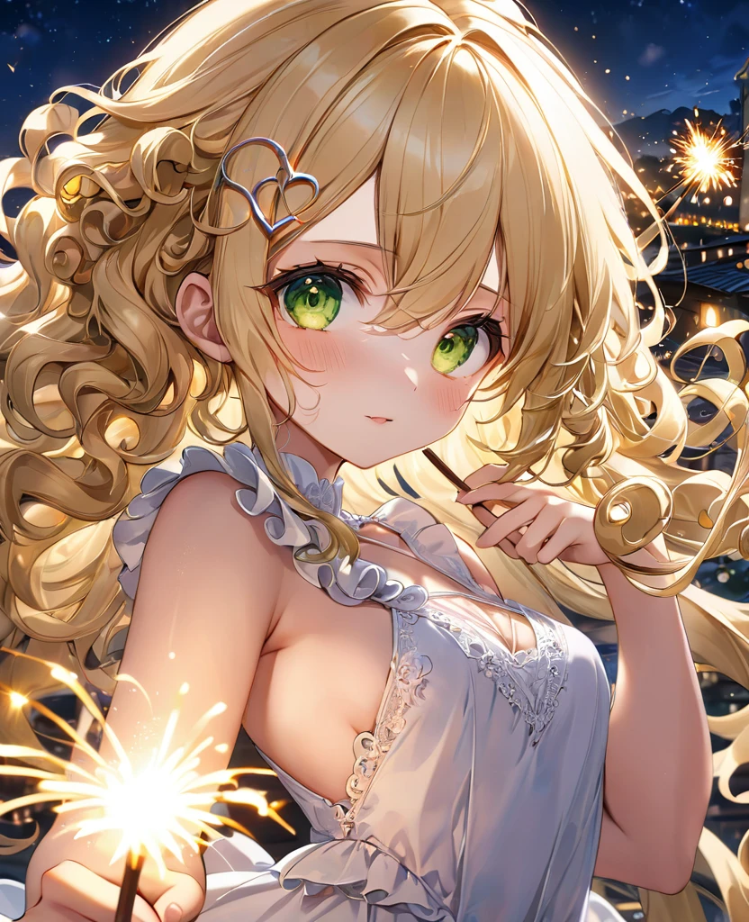 (masterpiece, best quality:1.2), (absurdres, highres, ultra-detailed), (perfect anatomy), 
Cute Girls、Sparkler、Blonde、Curly long hair、Yellow-green eyes、Sparkling、night、heart、White frilly dress

(8K, RAW photo:1.2),detailed face and eyes,intricate detail ,masterpiece ,sharp focus, high quality,BREAK,rating: general, newest