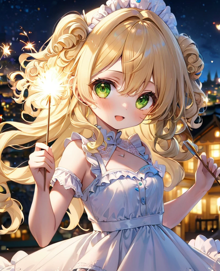 (masterpiece, best quality:1.2), (absurdres, highres, ultra-detailed), (perfect anatomy),
Cute Girls、Sparkler、Blonde、Curly long hair、Yellow-green eyes、Sparkling、night、heart、White frilly dress
(8K, RAW photo:1.2),detailed face and eyes,intricate detail ,masterpiece ,sharp focus, high quality,BREAK,rating: general, newest